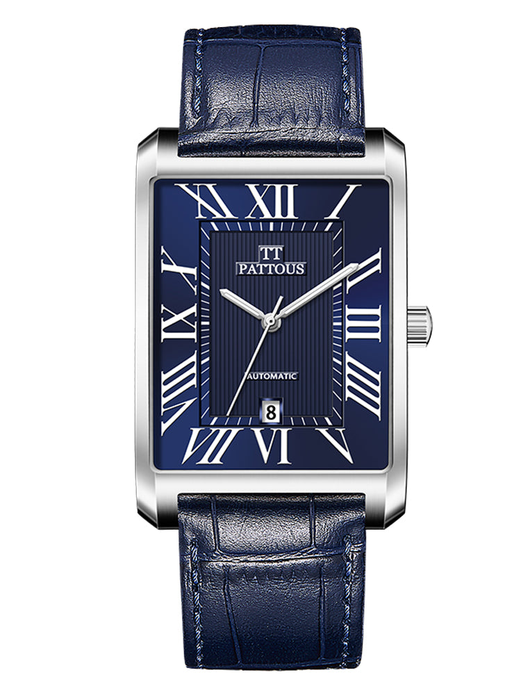PATTOUS Rectangular Ultra-Thin Automatic Mechanical Watch for Men — Sapphire Crystal, Leather Strap, 50M WR