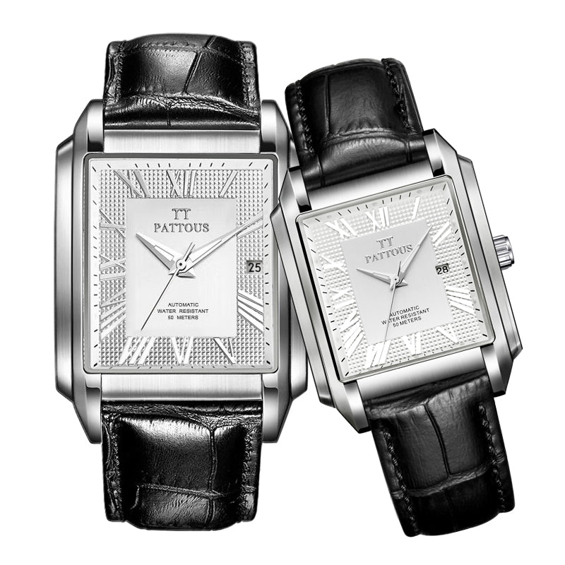 PATTOUS Hand-Wound/Automatic Mechanical Couple Watches, Rectangular Case, Water-Resistant Luminous Dial, Valentine's Day Gift Set for Him & He