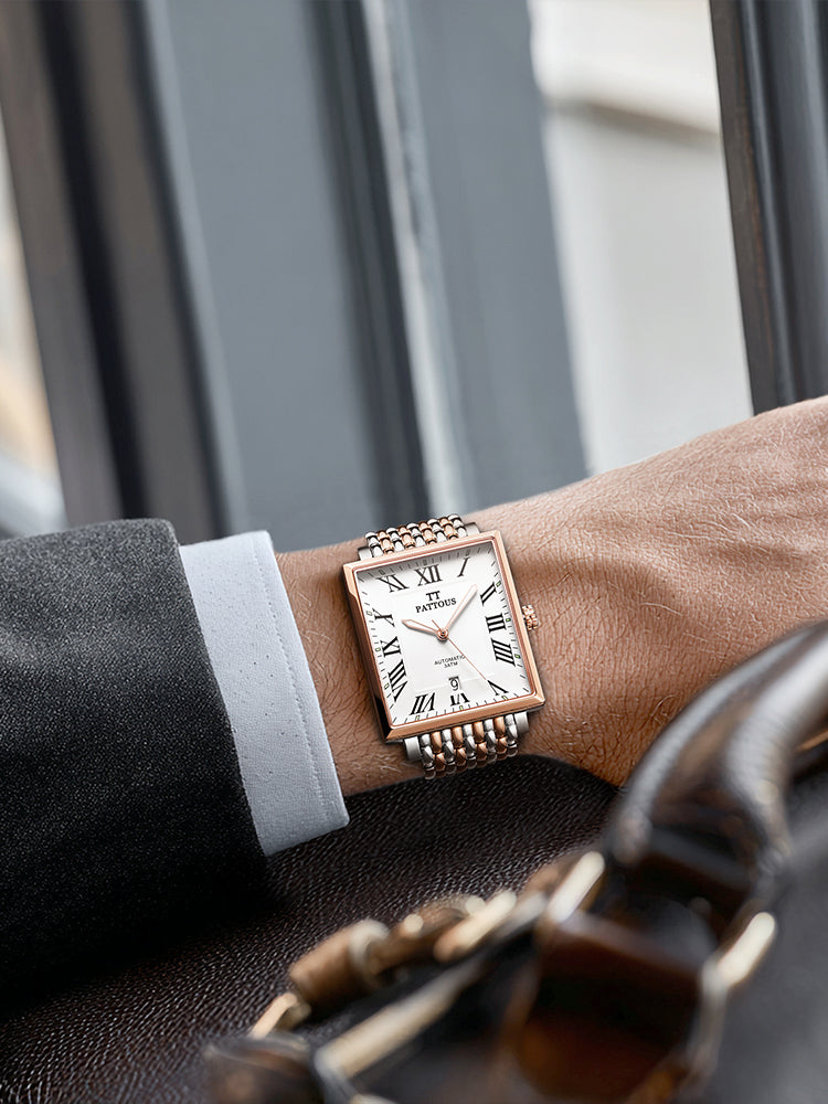 pattous Square Ultra-Thin Automatic Mechanical Men's Watch | Rose Gold White Dial Steel Bracelet | Import Movement Minimalist Luxury Business Waterproof