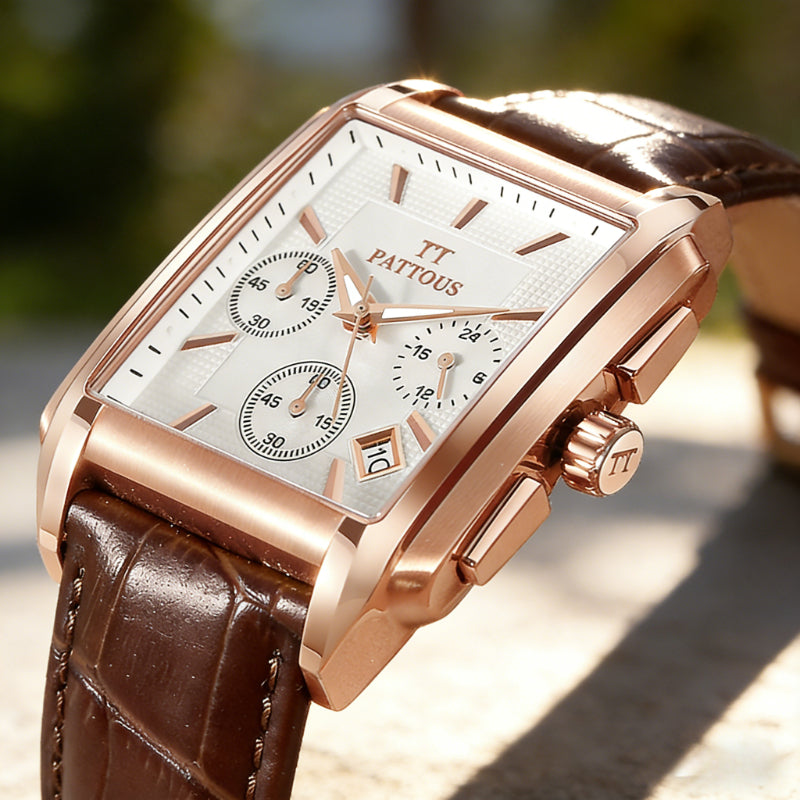 PATTOUS Men's Square Watch | Rose Gold | White Dial | Brown Leather