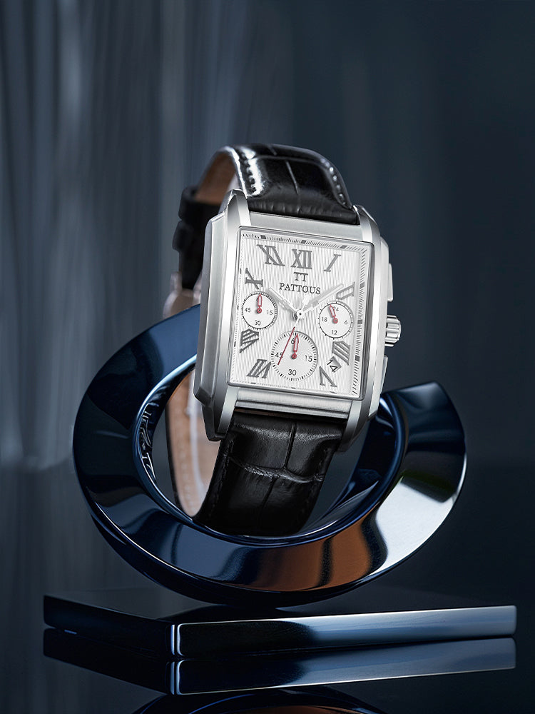 PATTOUS Square Dial Men's Watch – Versatile White Face, Multifunction Quartz, Sport Casual Style