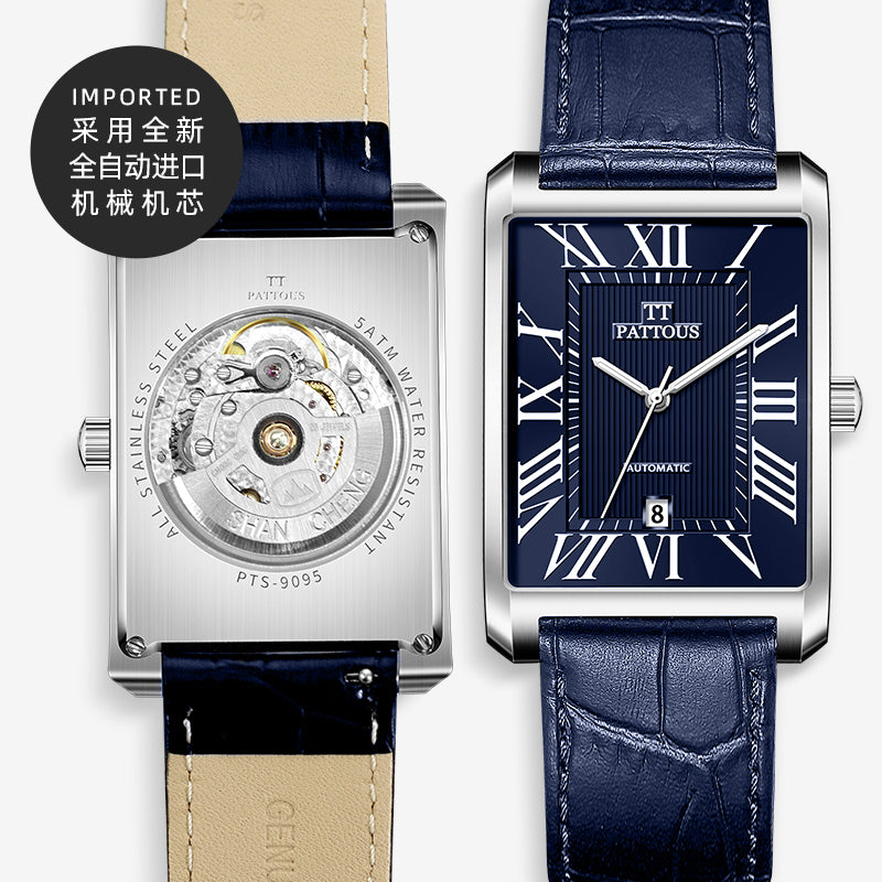 PATTOUS Square Ultra-Thin Automatic Mechanical Men's Watch | Deep Blue Dial | Luminous Hands, Date Display & See-Through Caseback | 50M Waterproof