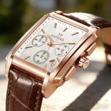 PATTOUS Men's Square Watch | Rose Gold | White Dial | Brown Leather