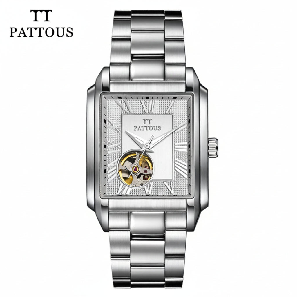 PATTOUS Square Hollow Mechanical Watch for Men – Tourbillon Design, White Dial, Stainless Steel Strap, Waterproof Business Style