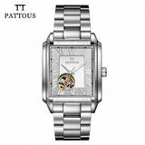 PATTOUS Square Hollow Mechanical Watch for Men – Tourbillon Design, White Dial, Stainless Steel Strap, Waterproof Business Style