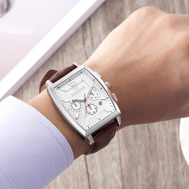 PATTOUS Multifunctional Quartz Men's Watch | Tonneau & Square Case | White Dial Coffee Leather Strap | Chronograph, 24H, Luminous, Date | 50M Waterproof