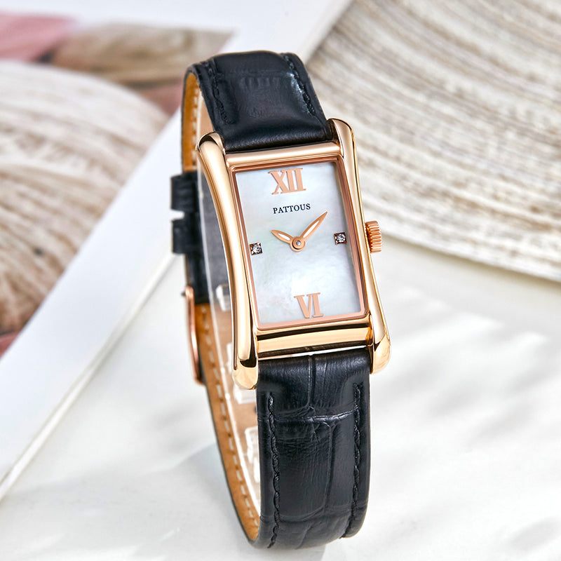PATTOUS Vintage Small Square Quartz Women's Watch | Rose Gold Black Strap | 50M Waterproof | Elegant Casual Dress Watch