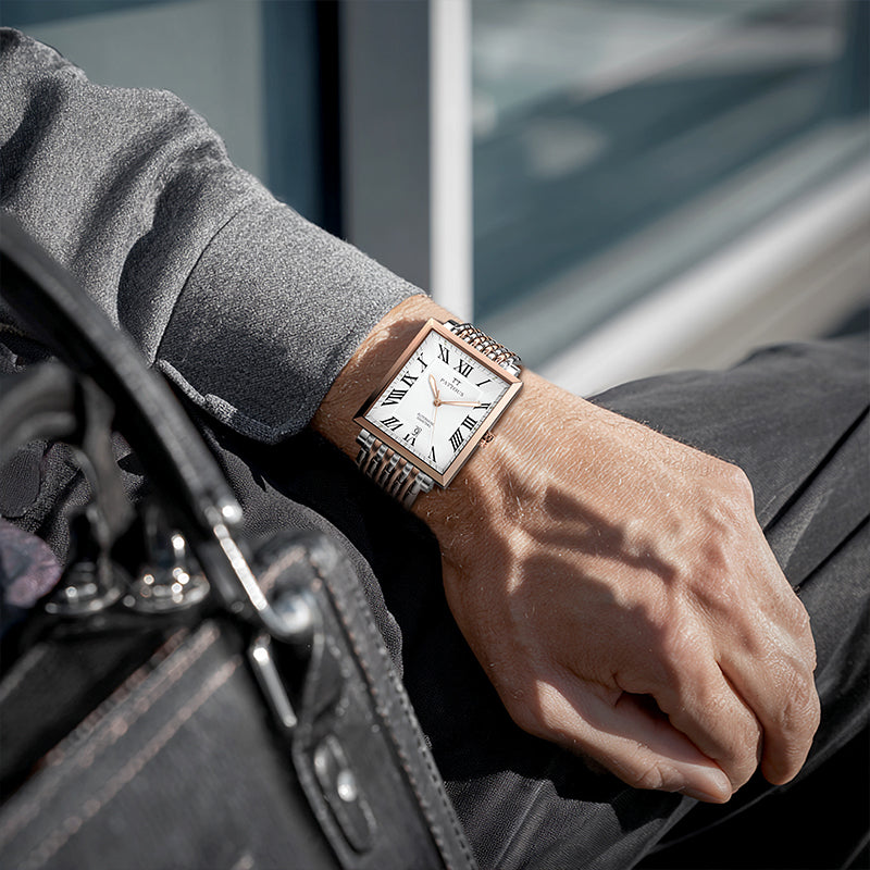pattous Square Ultra-Thin Automatic Mechanical Men's Watch | Rose Gold White Dial Steel Bracelet | Import Movement Minimalist Luxury Business Waterproof
