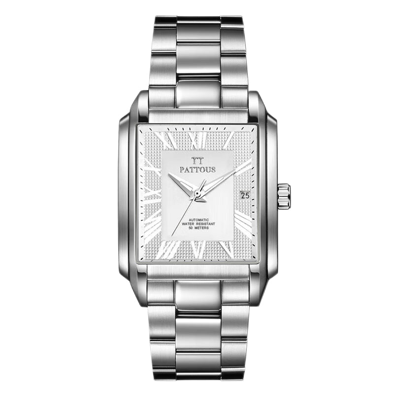 PATTOUS Rectangular Automatic Mechanical Watch for Men — Sapphire Crystal, 316L Steel, 50M Water Resistant