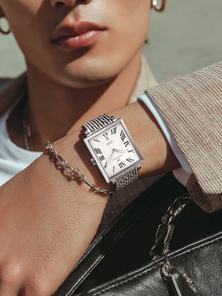 PATTOUS Men's Ultra-Thin Square Automatic Watch | Stainless Steel   Business Wristwatch