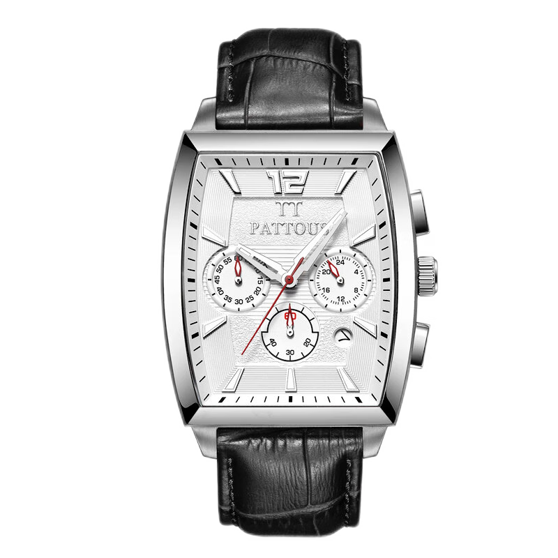 PATTOUS Multifunctional Quartz Men's Watch | Tonneau & Square Case | White Dial Coffee Leather Strap | Chronograph, 24H, Luminous, Date | 50M Waterproof