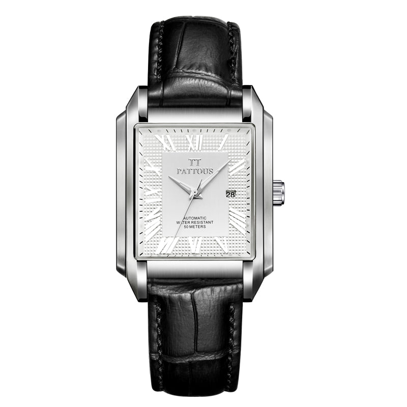 PATTOUS Square Automatic Mechanical Women's Watch | White Dial | Luminous, Date & See-Through Caseback | 50M Waterproof | Luxury Gift for Her